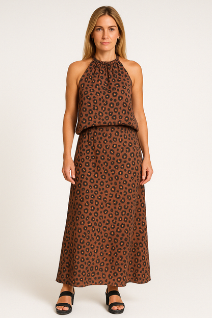 Ensemble femme deux pièces – Haut col halter fluide – Jupe longue imprimée