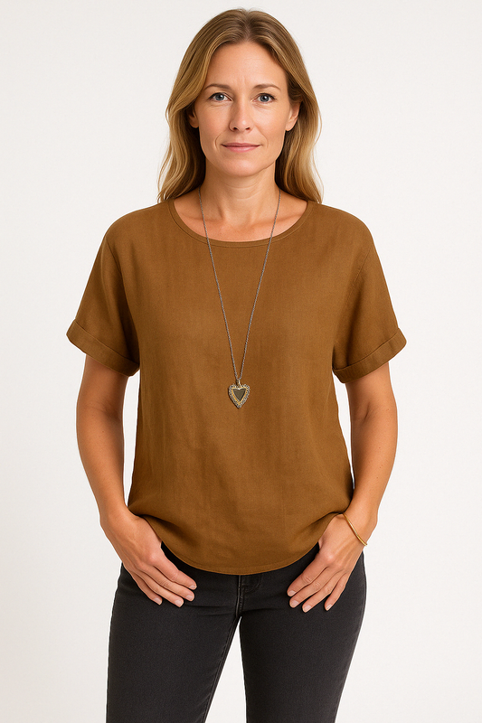 T-shirt femme – Coupe ample – Col rond – Manches courtes – Mélange de lin respirant
