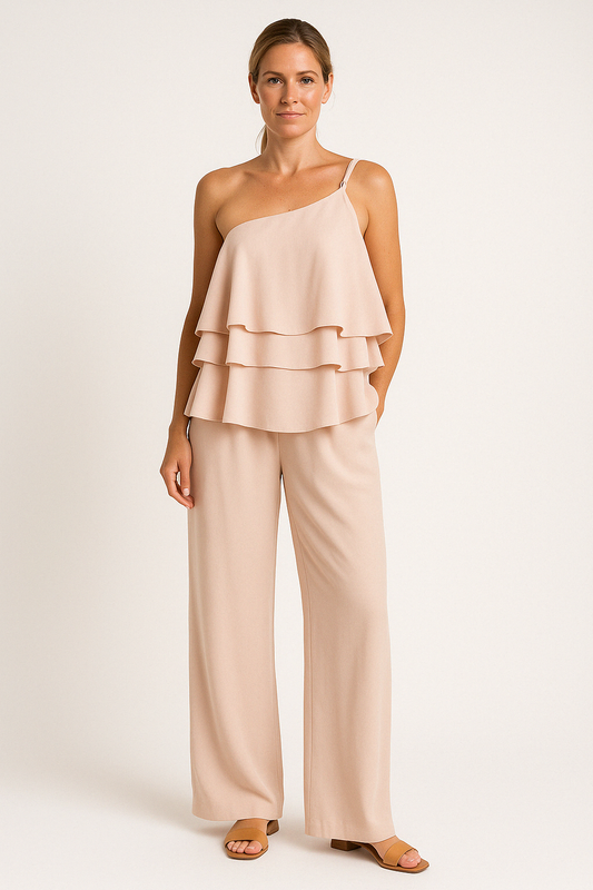 Ensemble femme deux pièces – Top asymétrique à volants – Pantalon fluide long