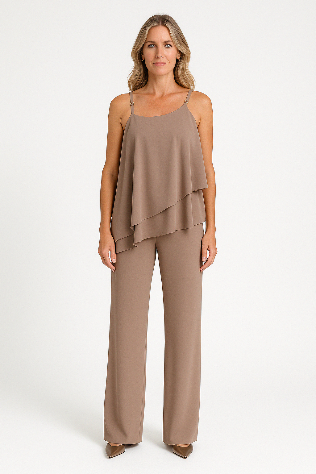 Ensemble Femme Deux Pièces – Haut Asymétrique Sans Manches – Pantalon Droit Fluide