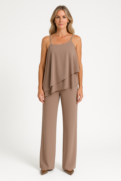 Ensemble Femme Deux Pièces – Haut Asymétrique Sans Manches – Pantalon Droit Fluide