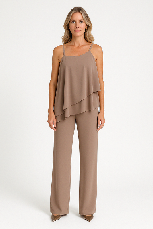 Ensemble Femme Deux Pièces – Haut Asymétrique Sans Manches – Pantalon Droit Fluide