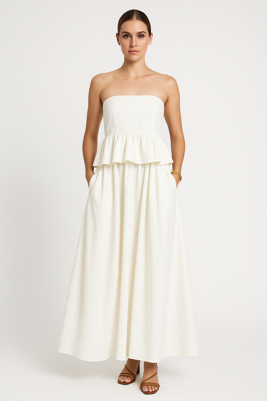 Robe longue femme – Sans bretelles – Taille peplum – Coupe évasée fluide