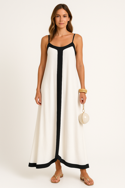Robe longue femme – Coupe ample – Tissu léger – Bretelles fines – Détail contrasté