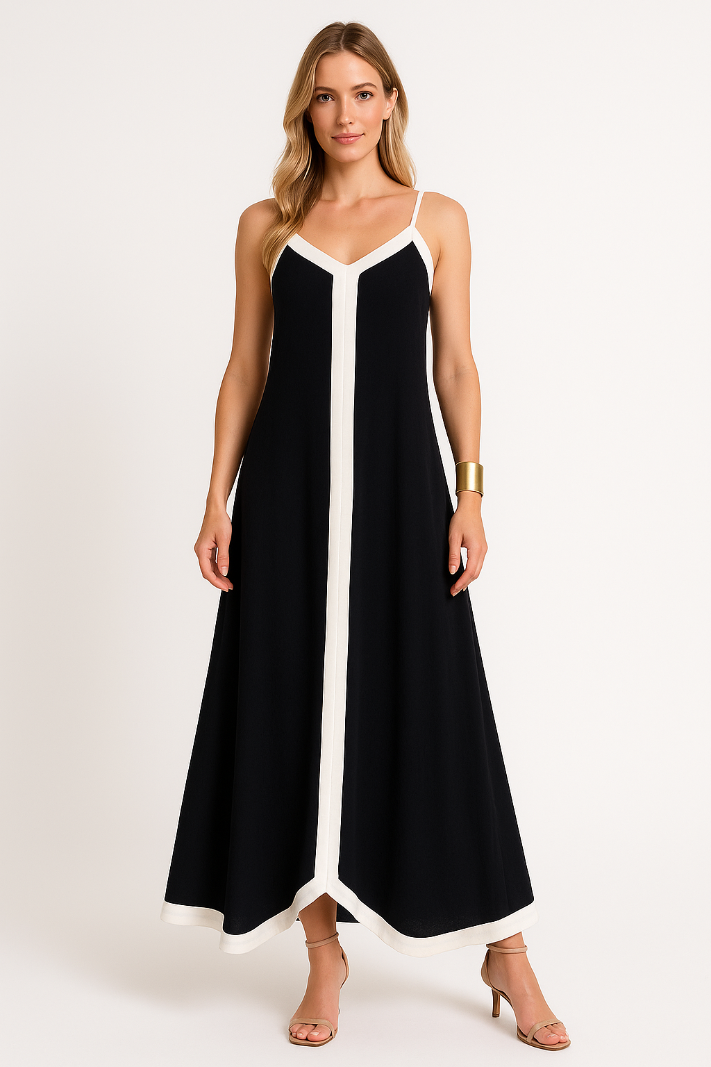 Robe longue femme – Coupe ample – Tissu léger – Bretelles fines – Détail contrasté