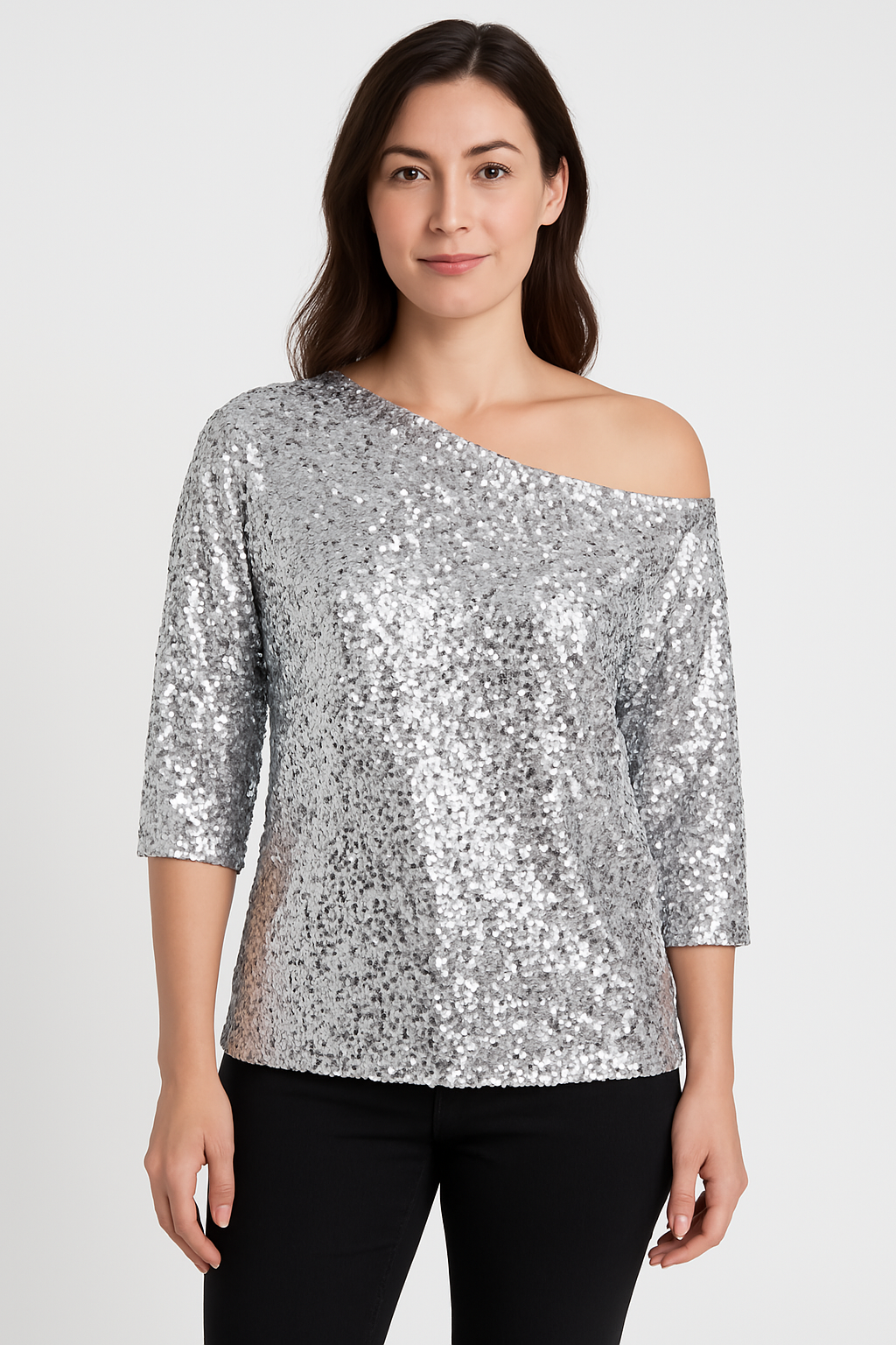 Top femme – Coupe décontractée – Épaules dénudées – Manches mi-longues – Sequins brillants