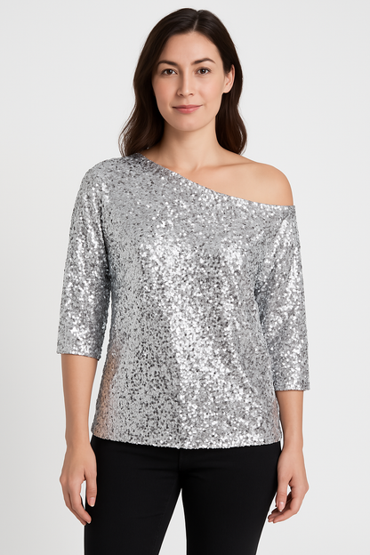 Top femme – Coupe décontractée – Épaules dénudées – Manches mi-longues – Sequins brillants