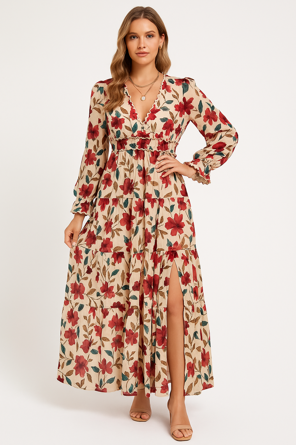 Robe longue femme – Chiffon léger – Imprimé fleuri – Col V – Manches longues