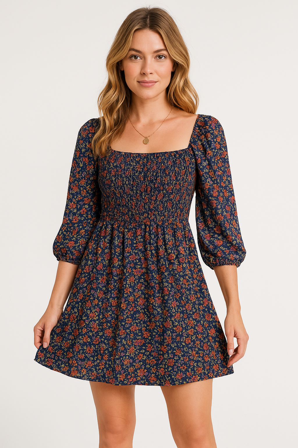 Robe femme évasée – Coton léger – Manches bouffantes – Col rond – Imprimé fleuri