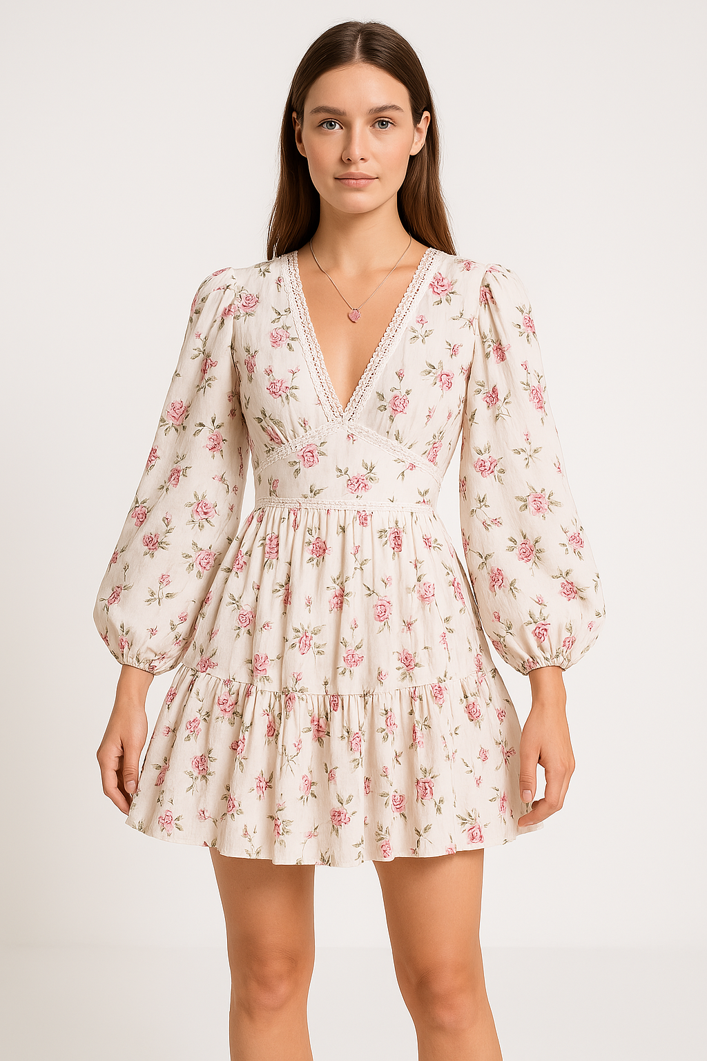 Robe Femme Évasée – Mini Longueur – Manches Bouffantes – Col V Dentelle – Imprimé Fleuri