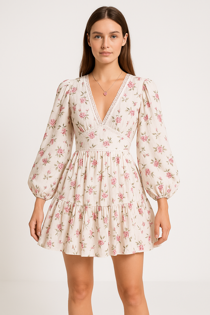 Robe Femme Évasée – Mini Longueur – Manches Bouffantes – Col V Dentelle – Imprimé Fleuri