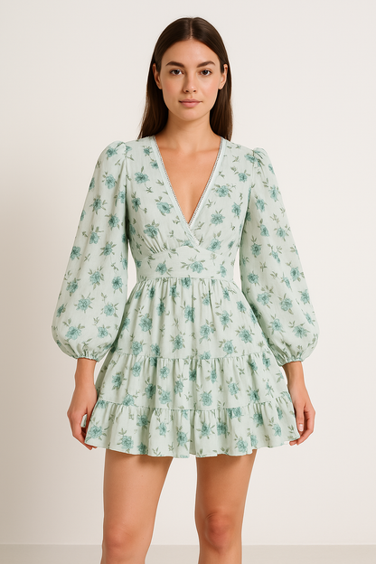 Robe Femme Évasée – Mini Longueur – Manches Bouffantes – Col V Dentelle – Imprimé Fleuri