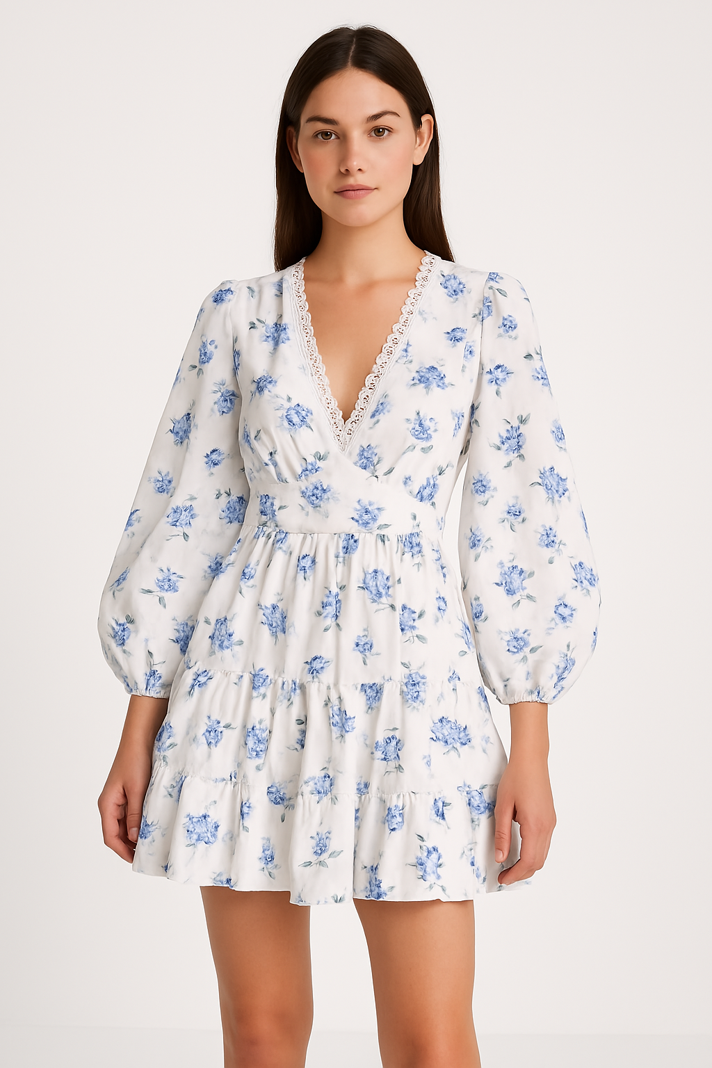 Robe Femme Évasée – Mini Longueur – Manches Bouffantes – Col V Dentelle – Imprimé Fleuri