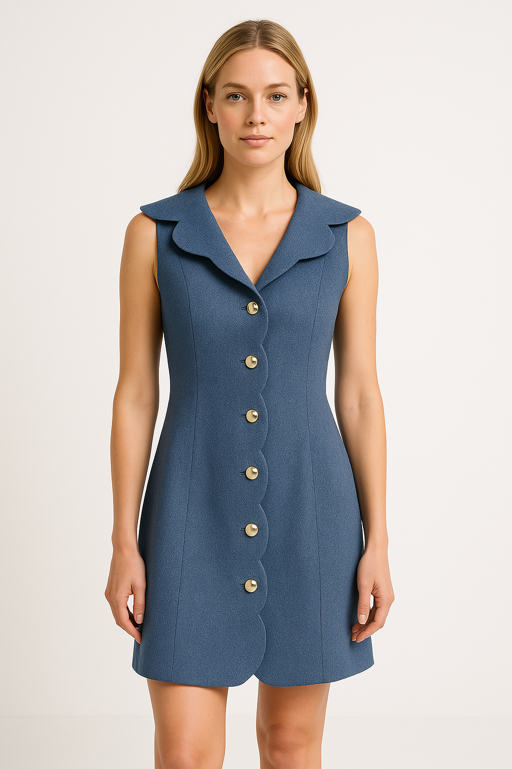 Robe femme en denim – Coupe ajustée – Sans manches – Patte festonnée – Courte
