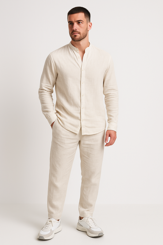 Ensemble homme en lin – coupe décontractée – chemise col mao et pantalon droit