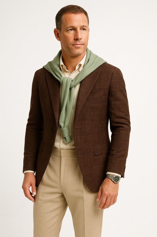 Blazer homme – Coupe slim – Coton lin texturé – Deux boutons – Revers cranté
