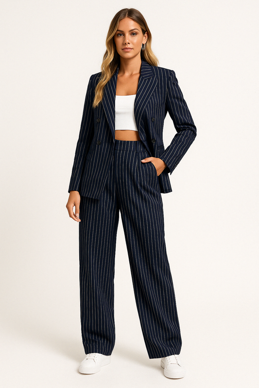 Tailleur Femme – Blazer Cintré Double Boutonnage – Pantalon Large Taille Haute
