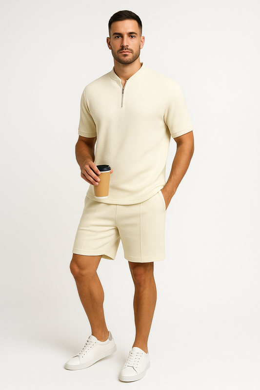 Ensemble Homme Veste Zippée et Short – Maille Gaufrée – Coupe Décontractée – Confort Respirant