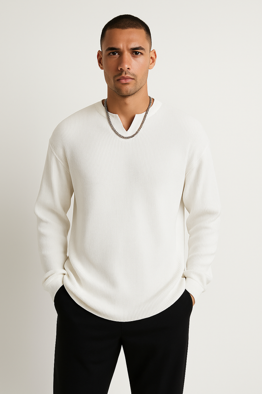 T-shirt manches longues homme – Maille côtelée – Coupe décontractée – Col en V