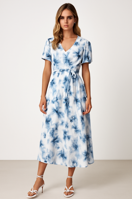 Robe midi femme – Encolure en V – Taille cintrée – Manches bouffantes élégantes