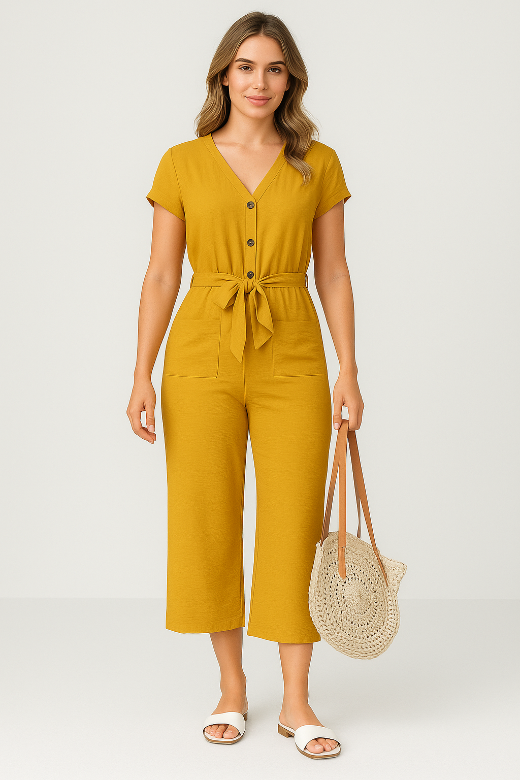 Combinaison femme – Coupe décontractée – Manches courtes – Ceinture – Boutonnage devant