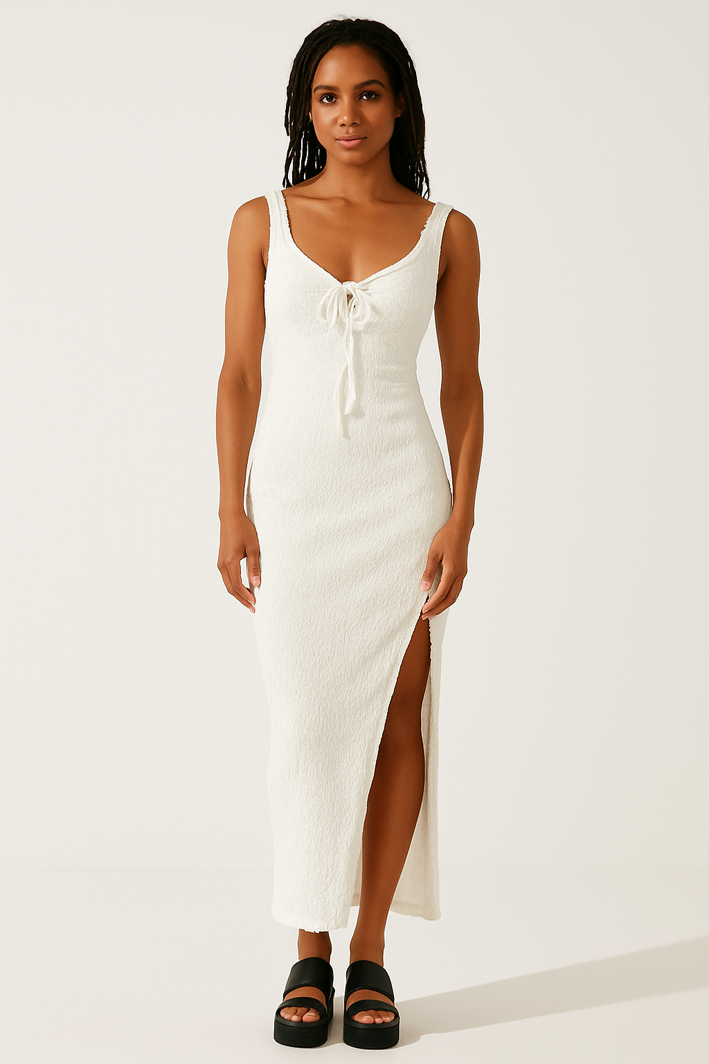 Robe longue femme – Coupe slim – Dos nu – Détail nœud – Fente latérale – Tissu texturé