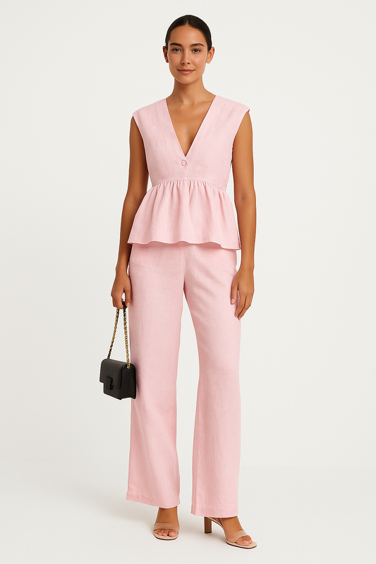Ensemble deux pièces femme – Haut péplum sans manches col V – Pantalon fluide long