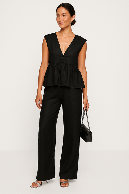 Ensemble deux pièces femme – Haut péplum sans manches col V – Pantalon fluide long