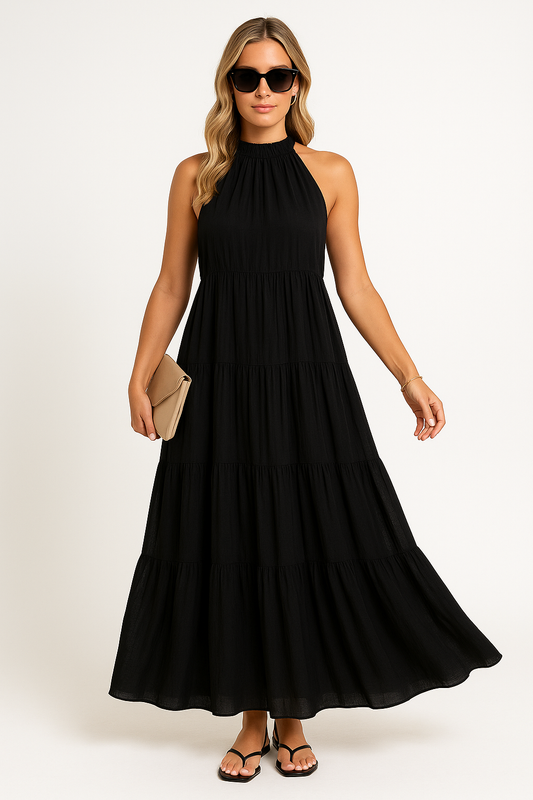 Robe longue femme – Col halter – Taille cintrée – Tissu fluide et respirant