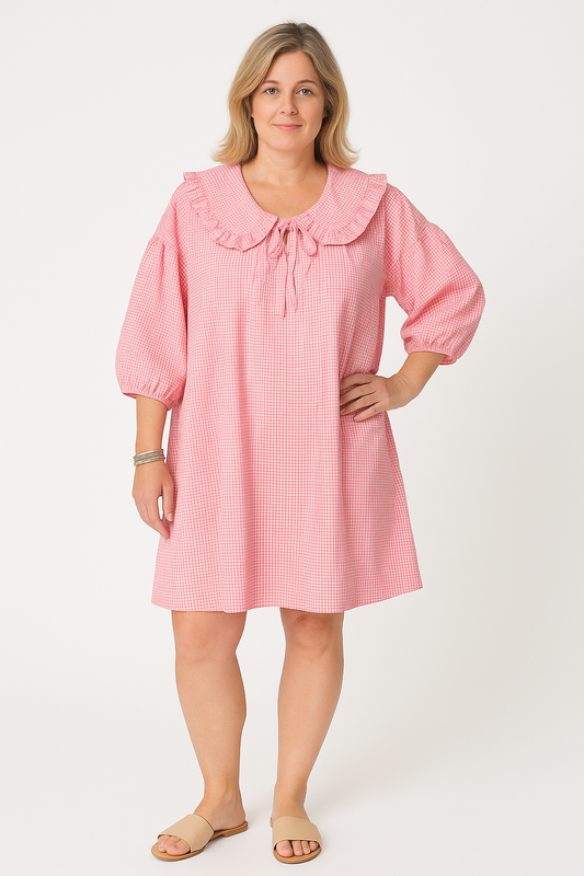 Robe Femme A-Ligne – Coton Léger – Col Claudine Volanté – Manches Bouffantes – Motif Carreaux
