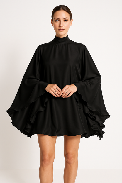 Robe courte femme – Coupe fluide – Col montant – Manches volantées élégantes