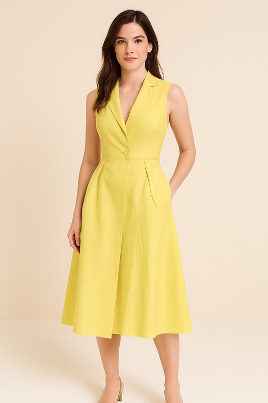 Robe midi femme – Sans manches – Col V boutonné – Tissu respirant fluide