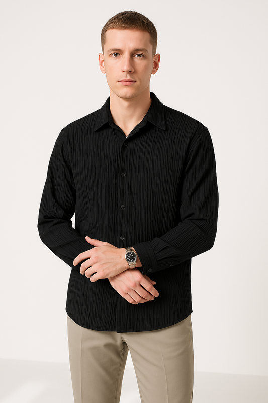 Chemise unisexe manches longues – coupe oversize – tissu froissé texturé – col classique