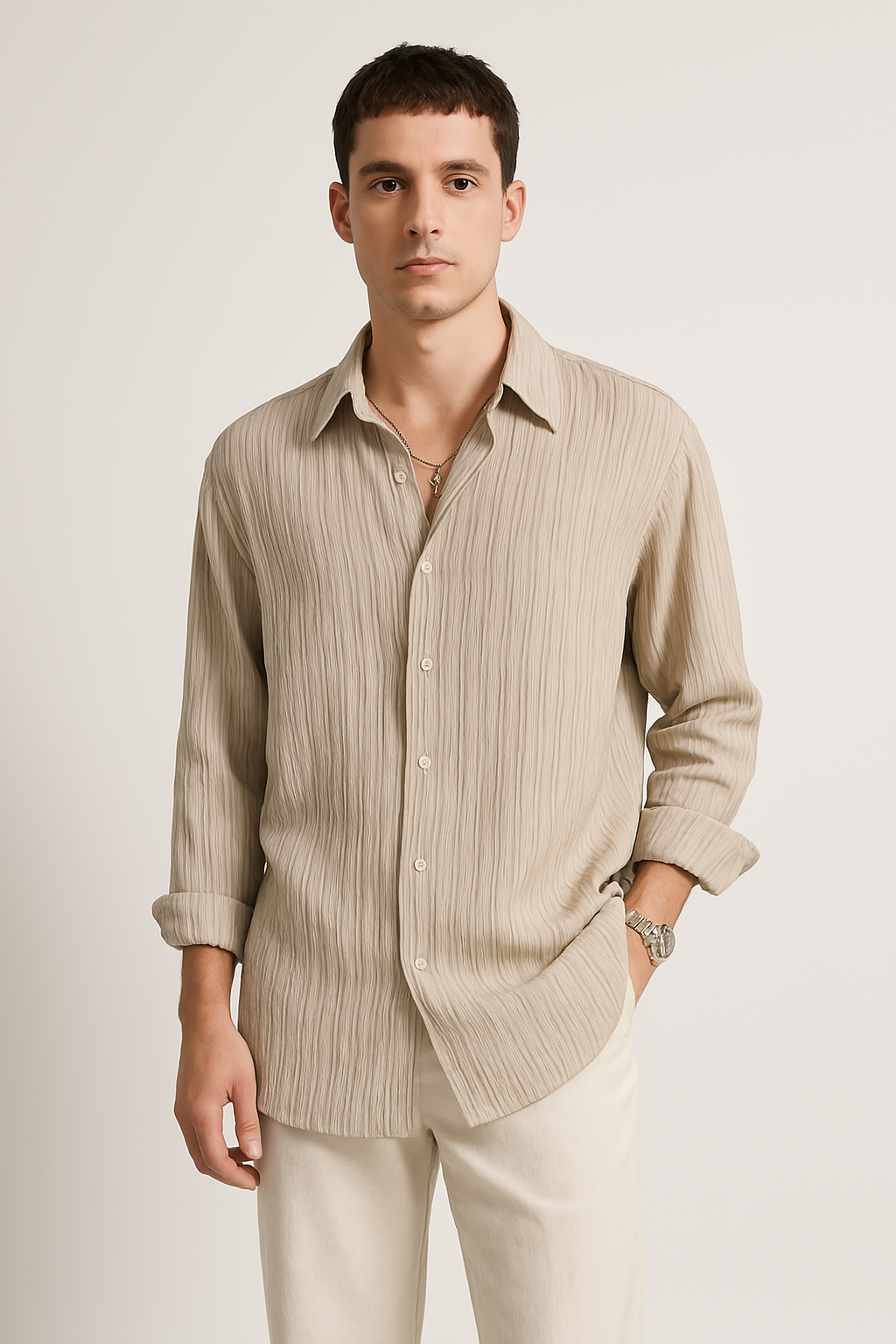 Chemise unisexe manches longues – coupe oversize – tissu froissé texturé – col classique