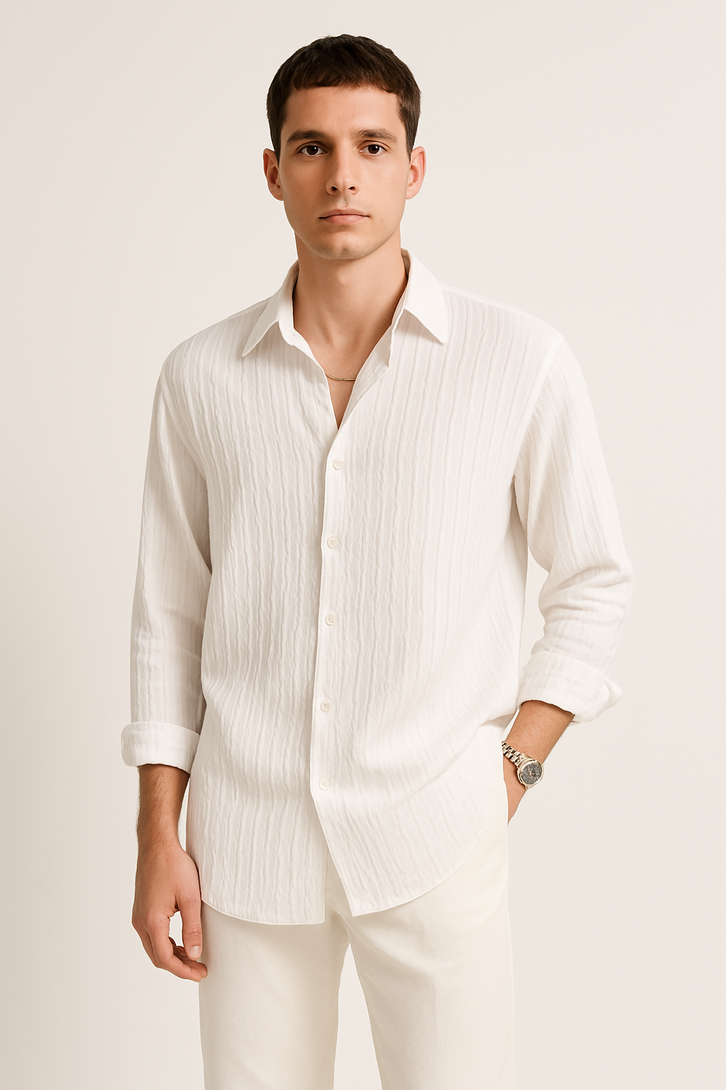 Chemise unisexe manches longues – coupe oversize – tissu froissé texturé – col classique