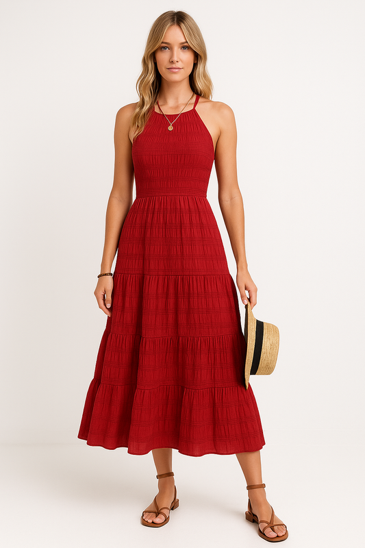 Robe femme – Coupe évasée – Col halter – Texture froncée – Jupe à volants maxi