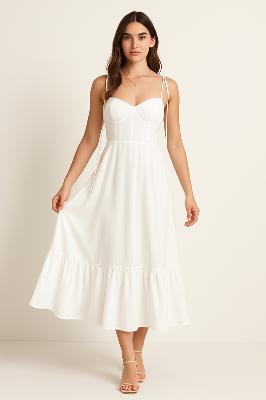 Robe longue femme – Coton mélangé – Bretelles fines – Coupe fluide – Ourlet à volants