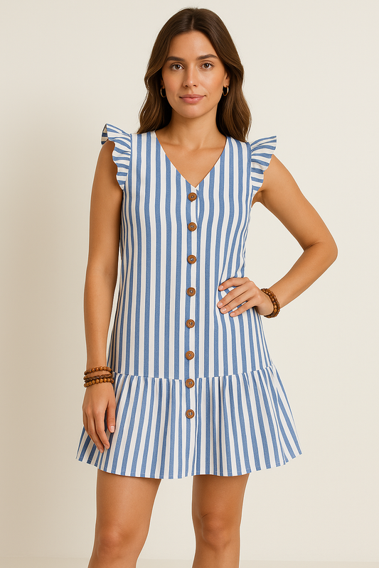 Robe Mini Femme – Décolleté V – Manches Volants – Boutonnée – Jupe Volants – Rayée