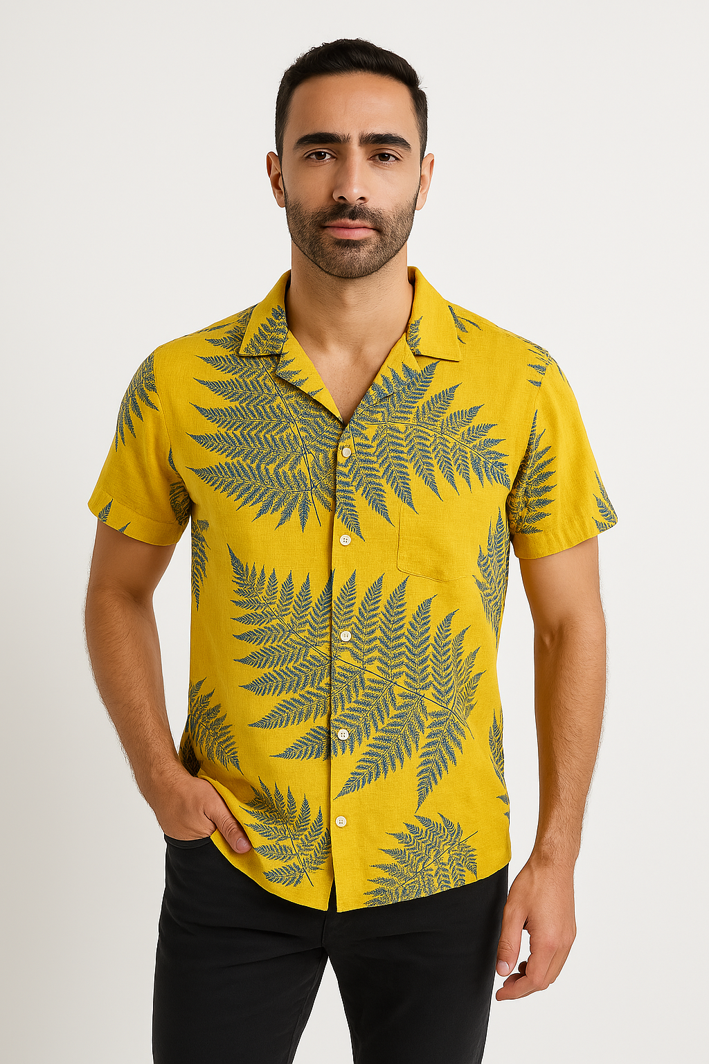 Chemise manches courtes homme – Coupe décontractée – Feuillage – Fibre respirante