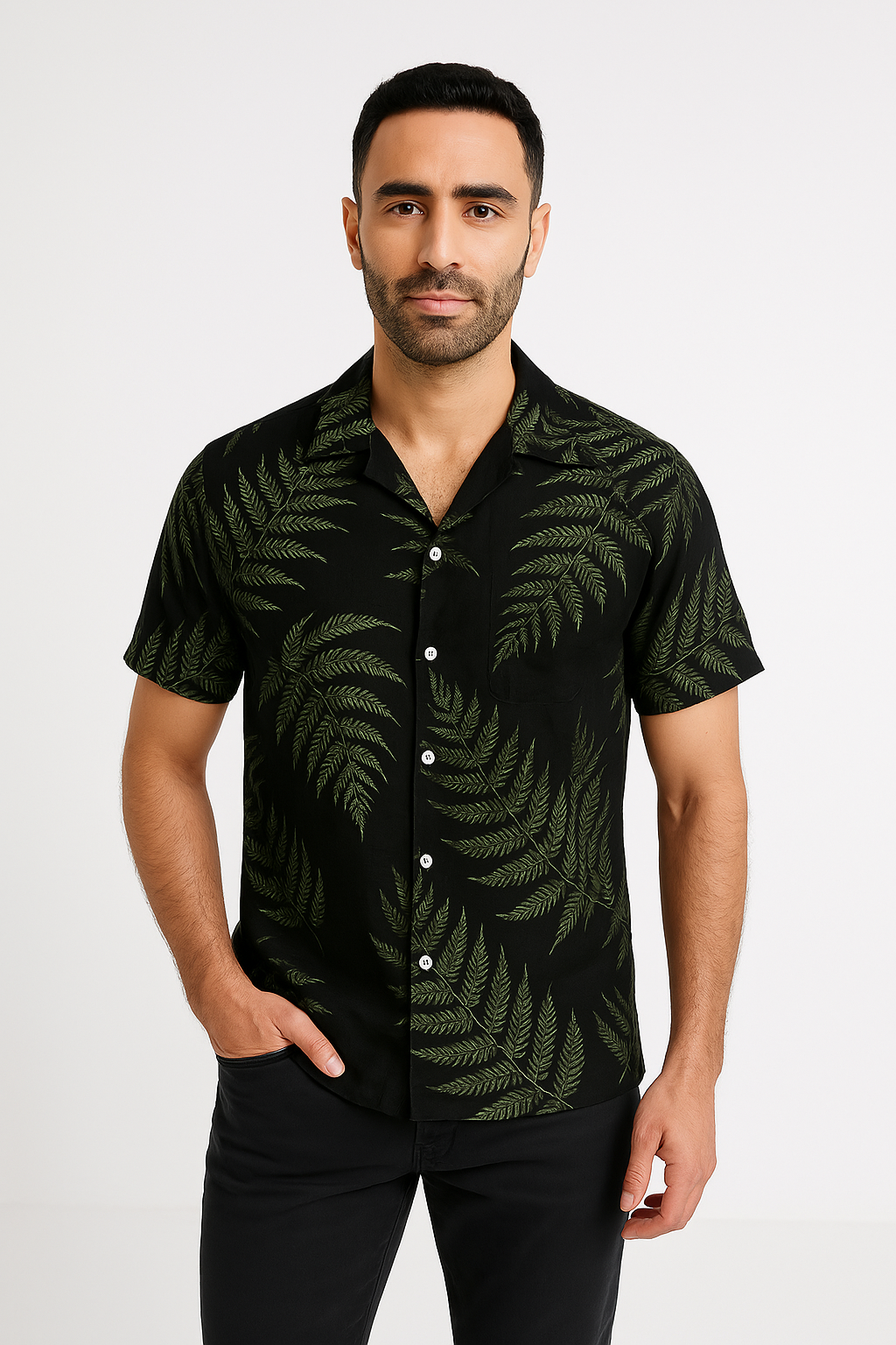 Chemise manches courtes homme – Coupe décontractée – Feuillage – Fibre respirante