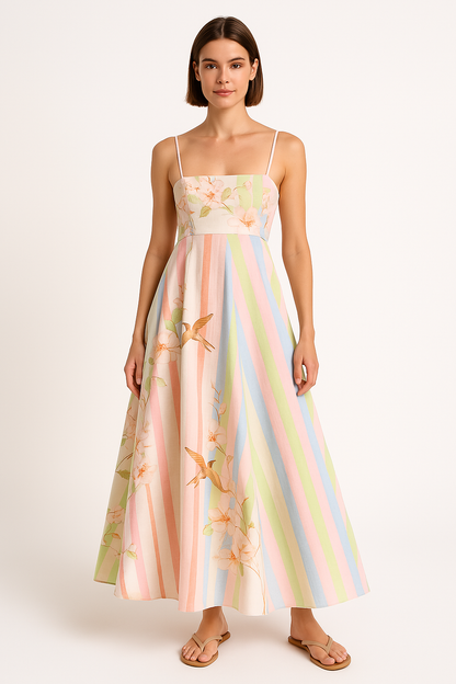 Robe longue femme – Coupe fluide – Bretelles fines – Motif graffiti floral coton