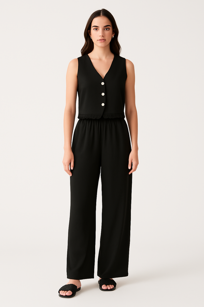 Ensemble Femme Gilet et Pantalon Large – Coupe Cintrée – Détail Dentelle – Tissu Respirant