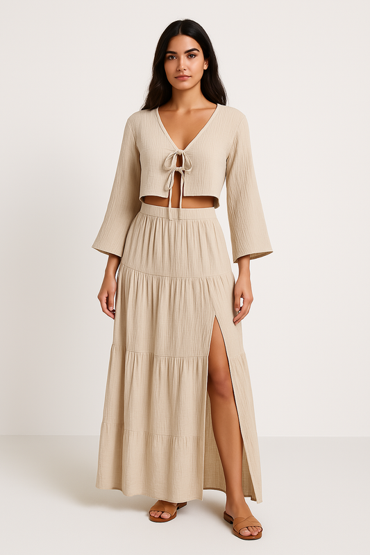 Ensemble Femme Deux Pièces – Coton Lin – Gilet Court à Nouer – Jupe Longue Fendue