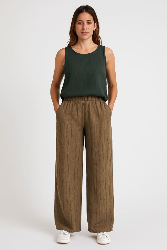 Pantalon décontracté femme – Coupe ample – Fibre naturelle – Style lanterne texturé