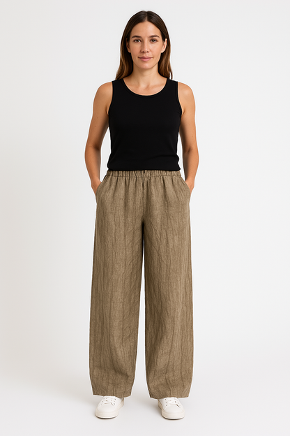 Pantalon décontracté femme – Coupe ample – Fibre naturelle – Style lanterne texturé