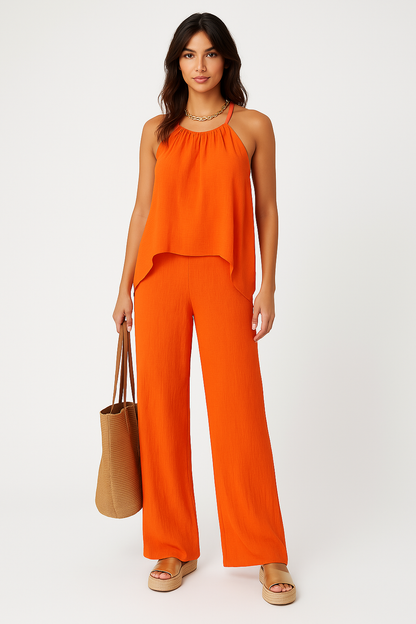Ensemble Femme Haut Dos Nu et Pantalon Large – Coupe Fluide – Tissu Léger Respirant