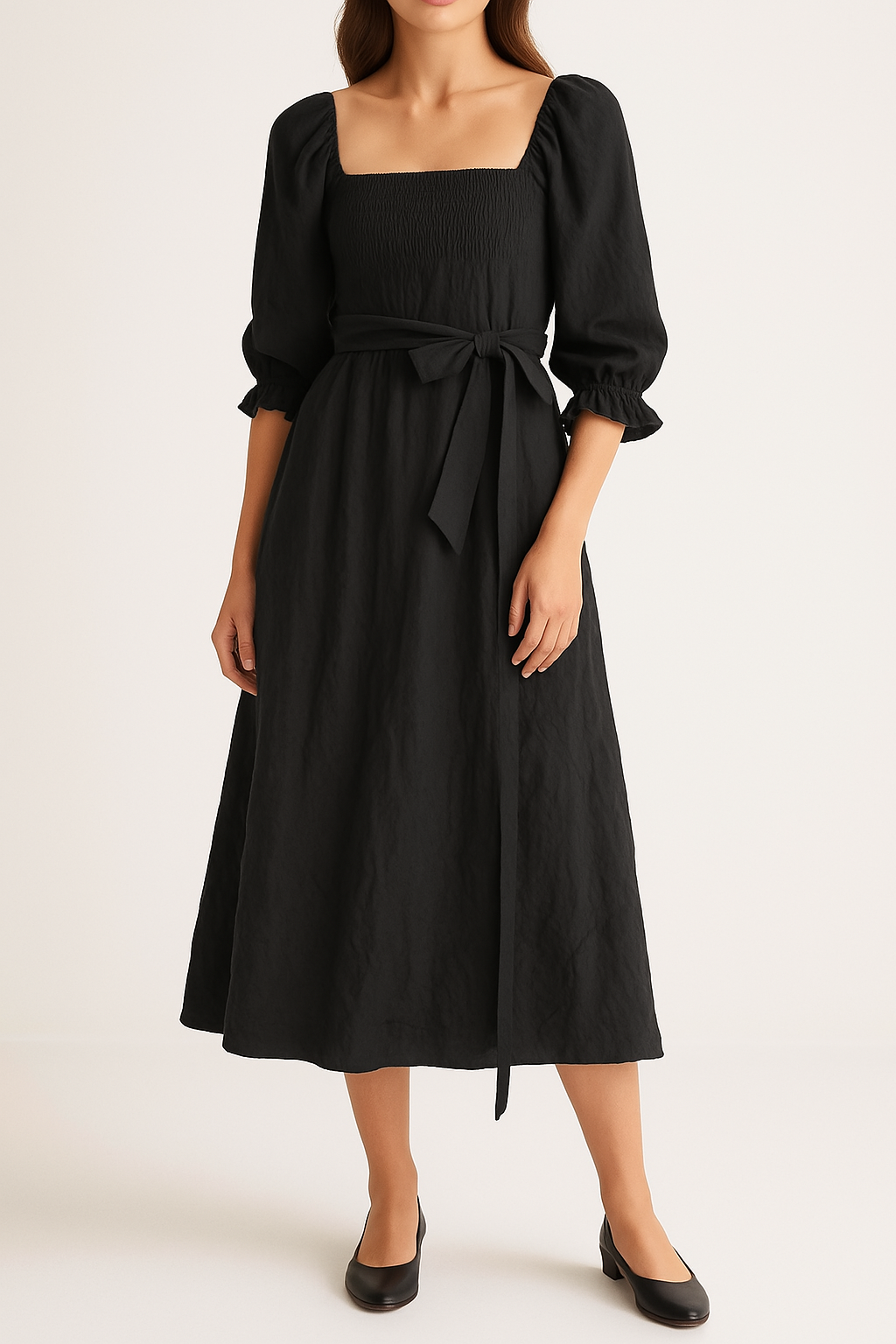 Robe midi femme – Corsage smocké – Taille haute ceinturée – Manches bouffantes