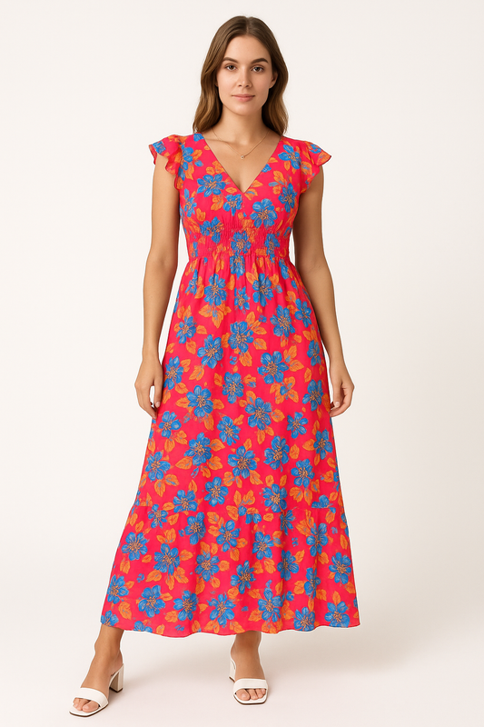 Robe longue femme – Sans manches – Imprimé floral – Col en V – Coupe fluide coton