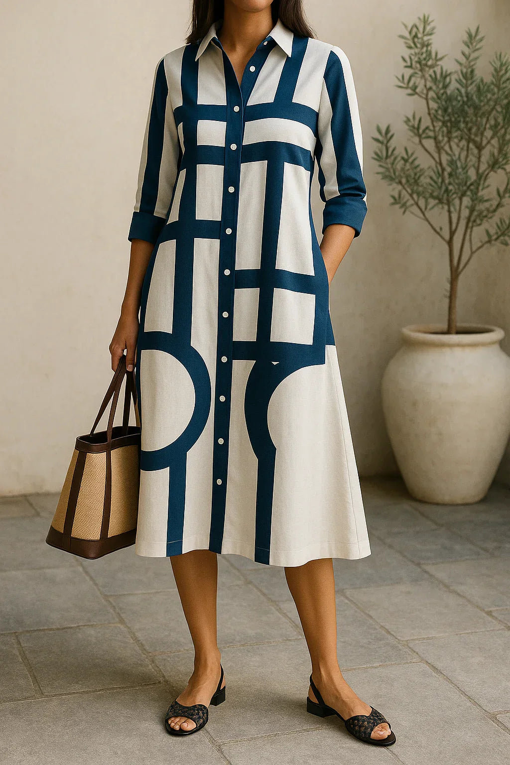 Robe Chemise Femme – Coupe Décontractée – Imprimé Géométrique – Tissu Respirant