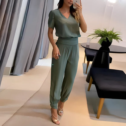 Blouse femme – Coupe décontractée – Tissu luxueux – Col en V – Manches bouffantes